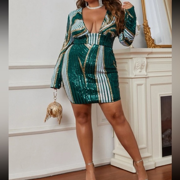 Luxe plus size plunging V neckline prom party formal evening sequins dress - Picture 4 of 6